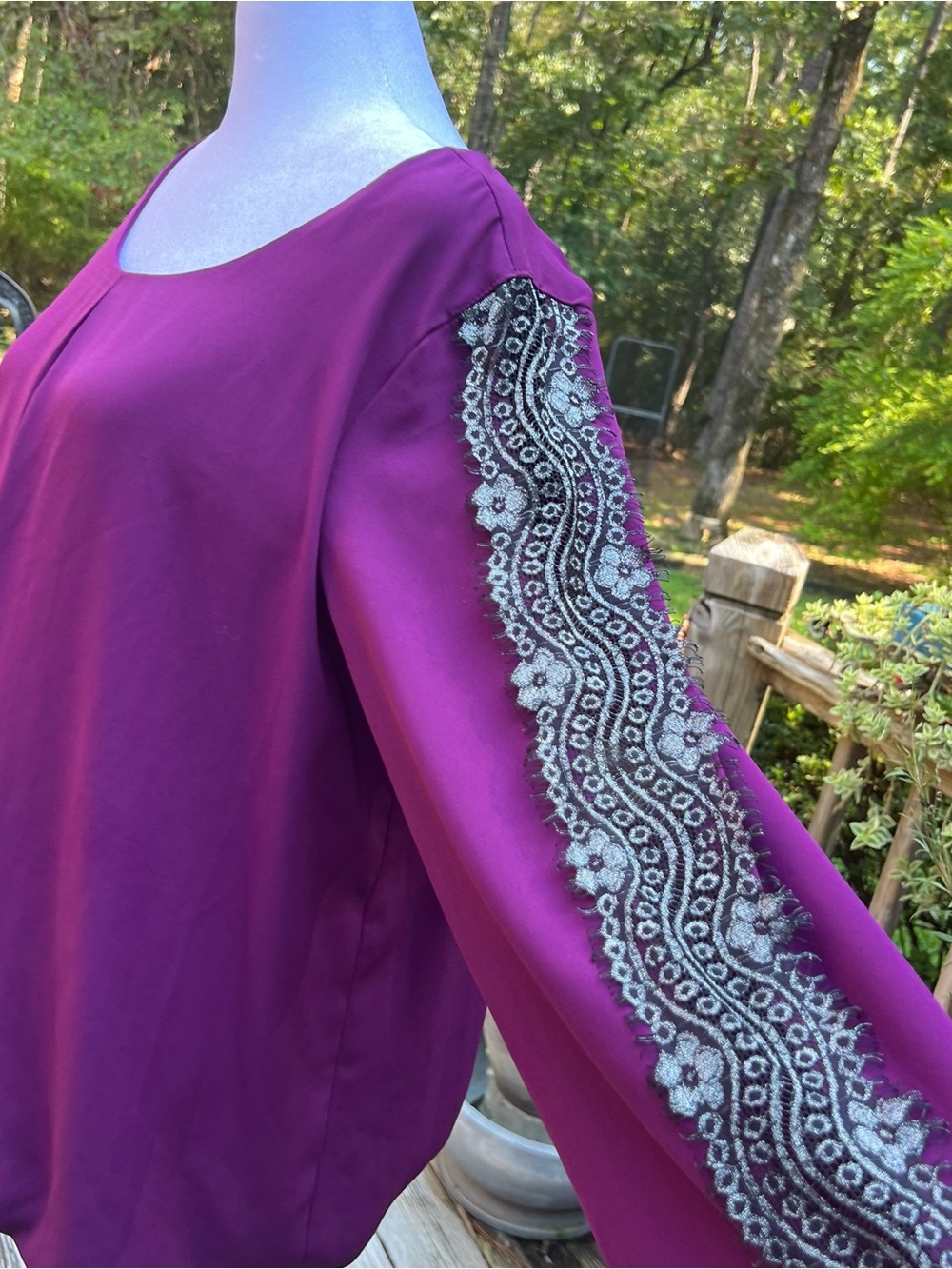 AGB Purple Black Lace Sleeve Blouse Size XL Flowy Bell Sleeve Top